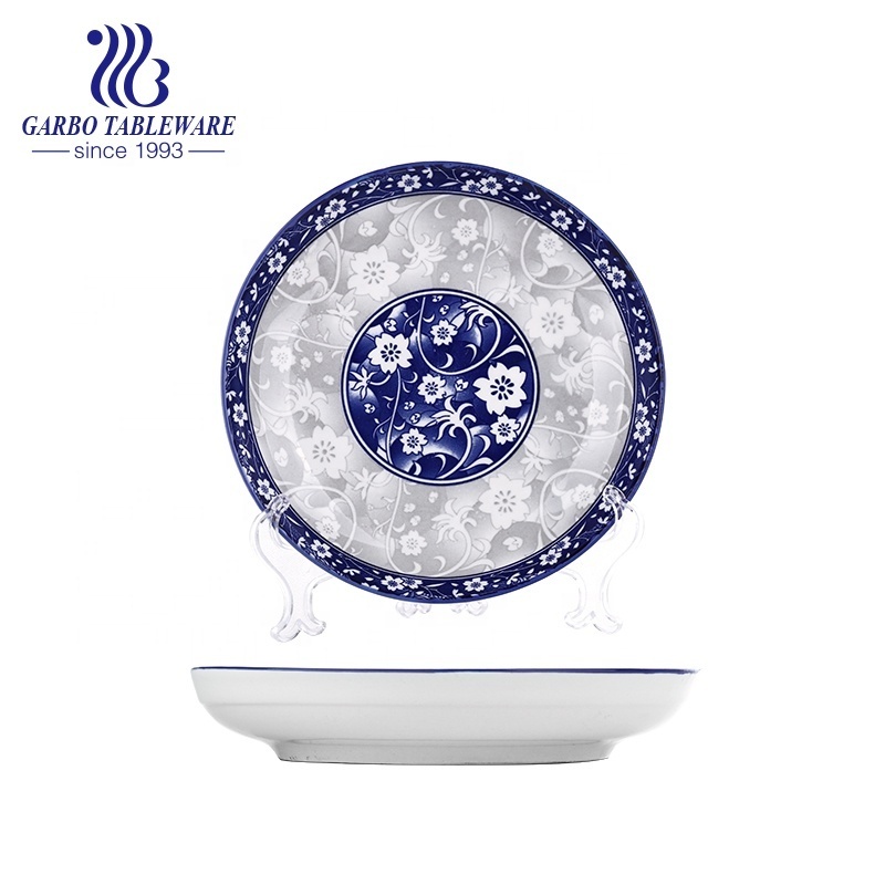 Wholesale Stylish dinnerware 7.4 inch ceramic plate with customize under color glazed printed blue flower dessert plates