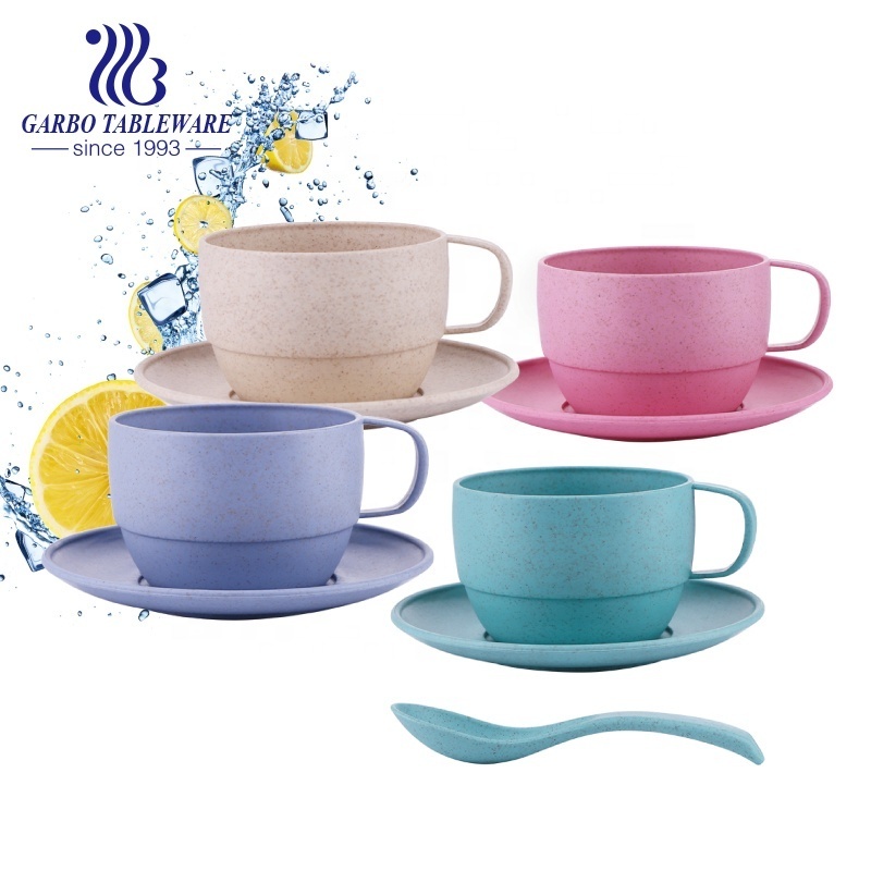 Eco-friendly cheap food grade bowl and plate for children enlightenment custom cup and saucer set plastic wheat straw material