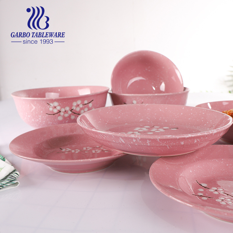 Japan Style Porcelain Dinnerware Pink Color Sakura Dinner Set Hand Painted Decal Ceramic Tableware Set Plates Bowls Porcelain