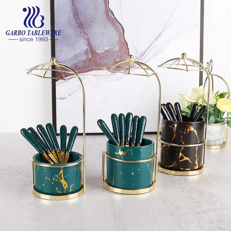 Wholesale stainless steel flatware PVD golden 6pcs marble design green color ceramic handle mini tea dessert spoon with holder