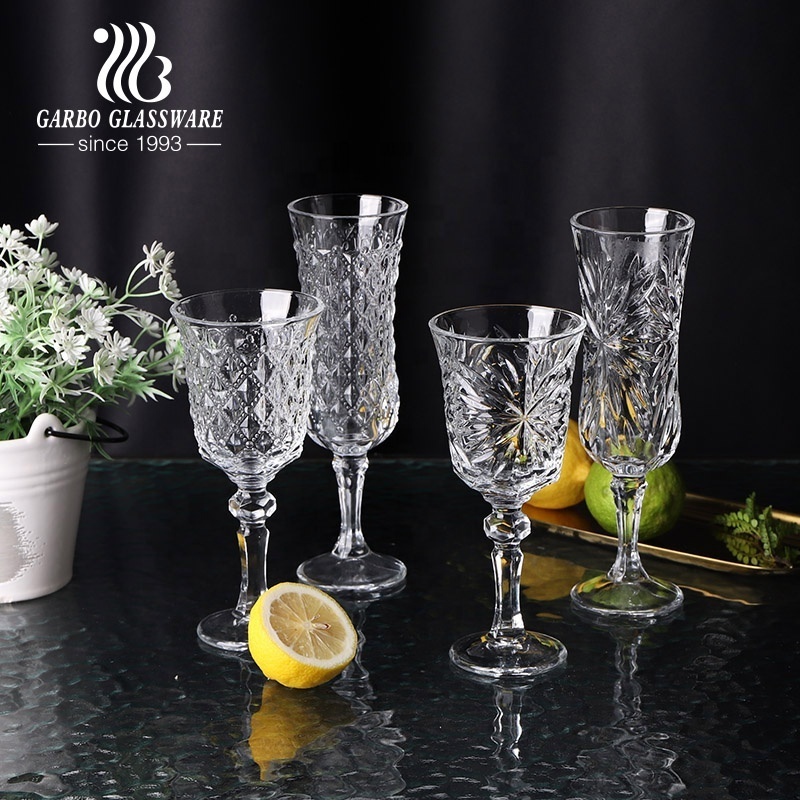 Clear Crystal goblets cups for wine water glass with embossed pattern diamond glass cup stem Vintage Glass Water Wine Goblets