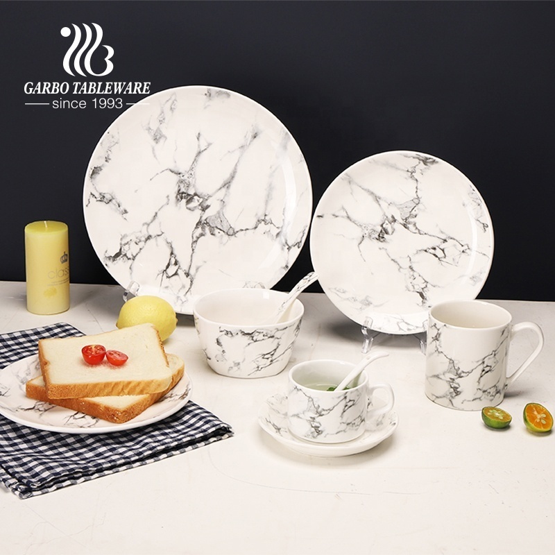 Home custom unique white marble design with gold vein ceramic tableware luxury porcelain dinnerware sets for dinning