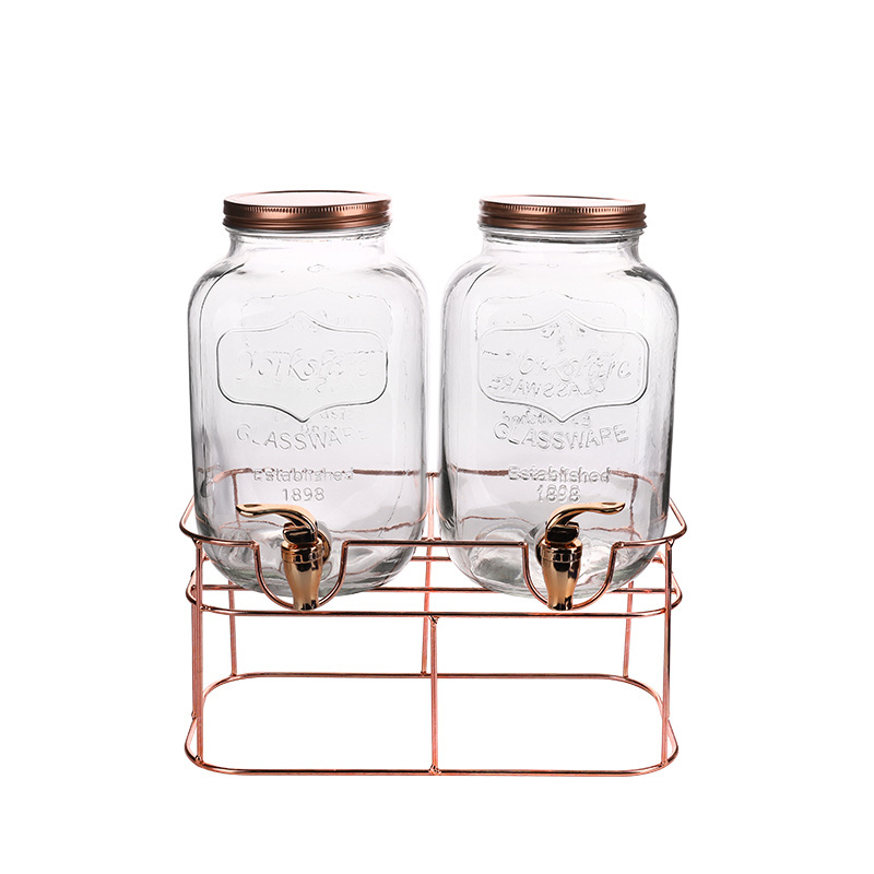 China hot sale high quality twins 4L glass beverage dispenser with plastic tap and iron stand