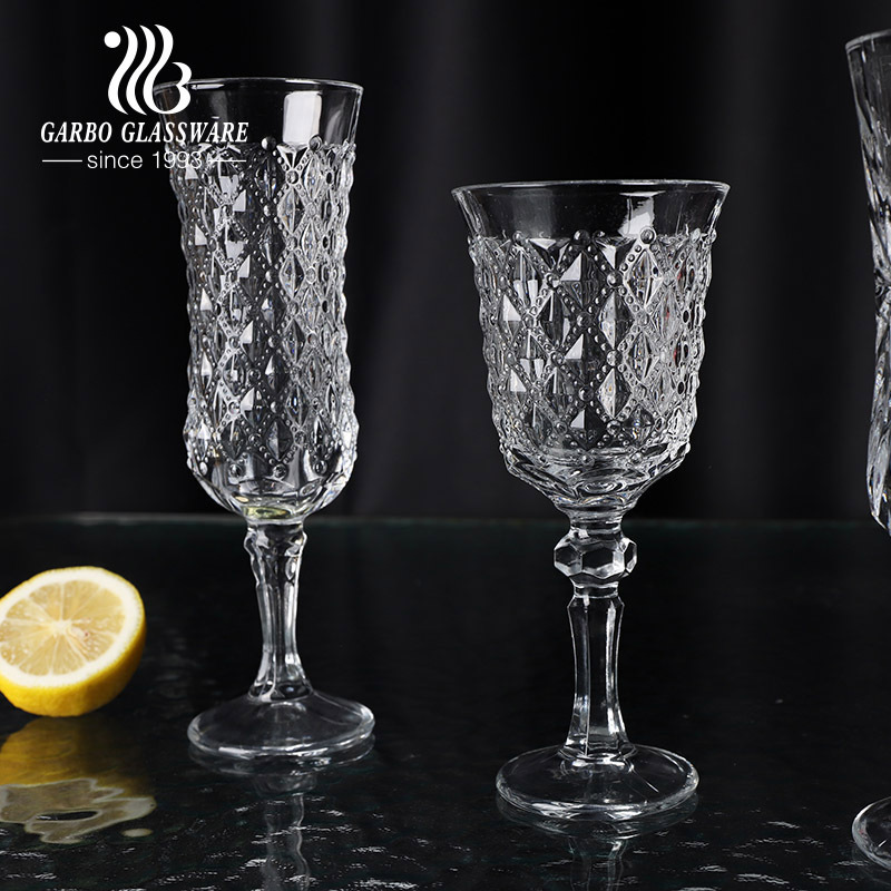 Clear Crystal goblets cups for wine water glass with embossed pattern diamond glass cup stem Vintage Glass Water Wine Goblets