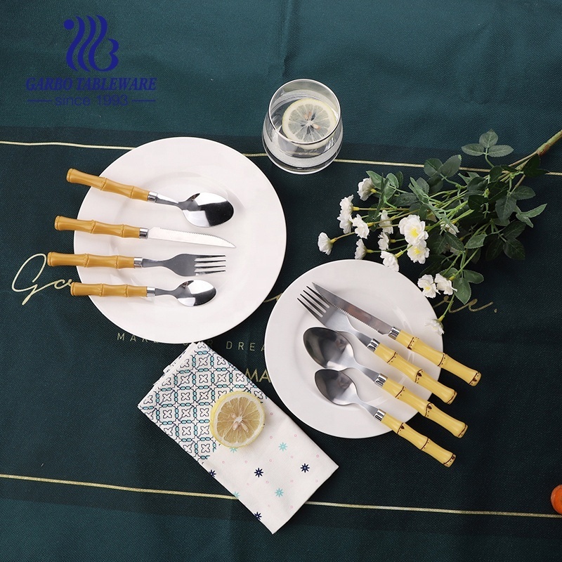 Brazil Latin Wholesale Stainless Steel Reusable Cutlery Fork Knife Dinner Spoon Set 24 Pcs with PP Bamboo Handle and Wooden Box