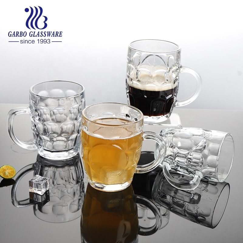 Wholesale beer glass tumbler large 14oz soccer design lager cup beer stein unique embossed beer glass mug for pub bar serving