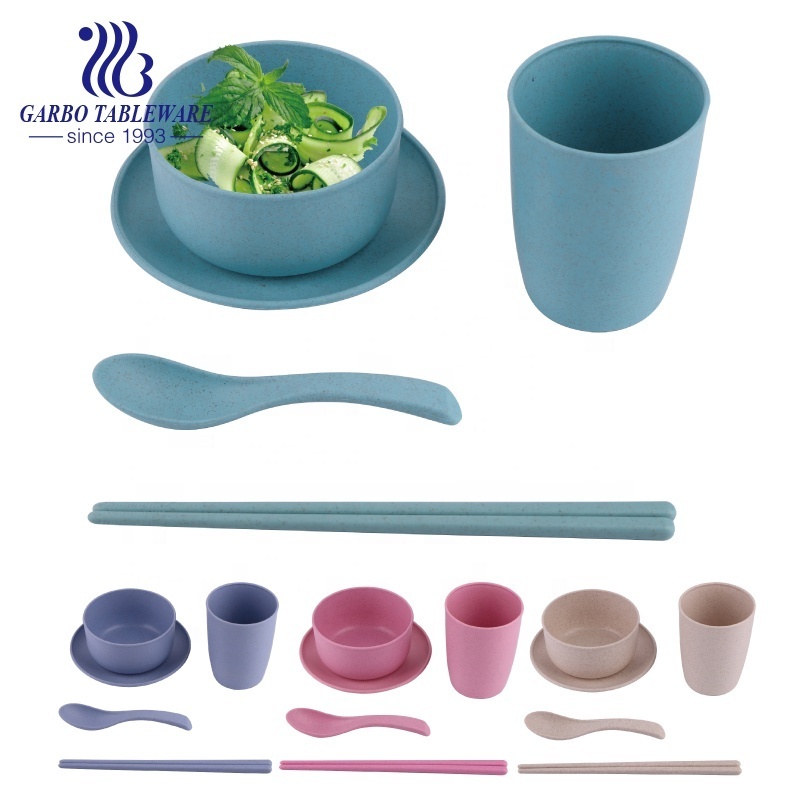 Eco-friendly cheap food grade bowl and plate for children enlightenment custom cup and saucer set plastic wheat straw material