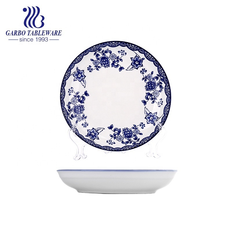 Wholesale Stylish dinnerware 7.4 inch ceramic plate with customize under color glazed printed blue flower dessert plates