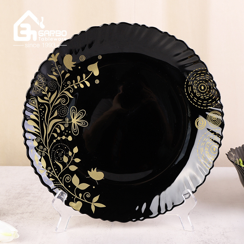 Popular wholesales black dinner set opal glassware dinner set 33 pieces for home table luxury flower black opal dinner set