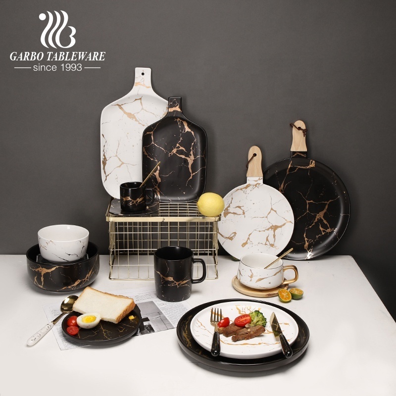 Home custom unique white marble design with gold vein ceramic tableware luxury porcelain dinnerware sets for dinning