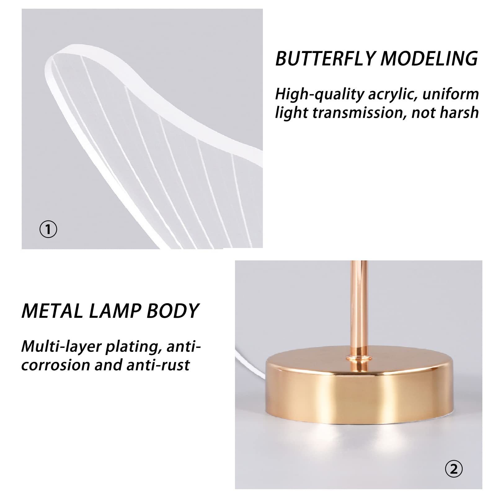 Pretty Butterfly Table Lamp LED Dimmable Nightstand Lamp Modern Golden Metal Base Butterfly Desk Lamps with Push Button Switch