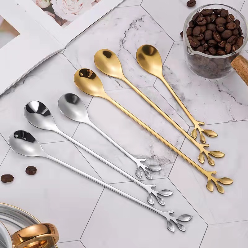 Stainless Steel Creative Leaf Golden Coffee Mixing Spoon Ice Cream Dessert Spoon Long Handle Small Stirring Teaspoon