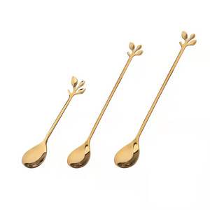 Stainless Steel Creative Leaf Golden Coffee Mixing Spoon Ice Cream Dessert Spoon Long Handle Small Stirring Teaspoon