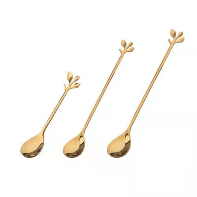 Stainless Steel Creative Leaf Golden Coffee Mixing Spoon Ice Cream Dessert Spoon Long Handle Small Stirring Teaspoon