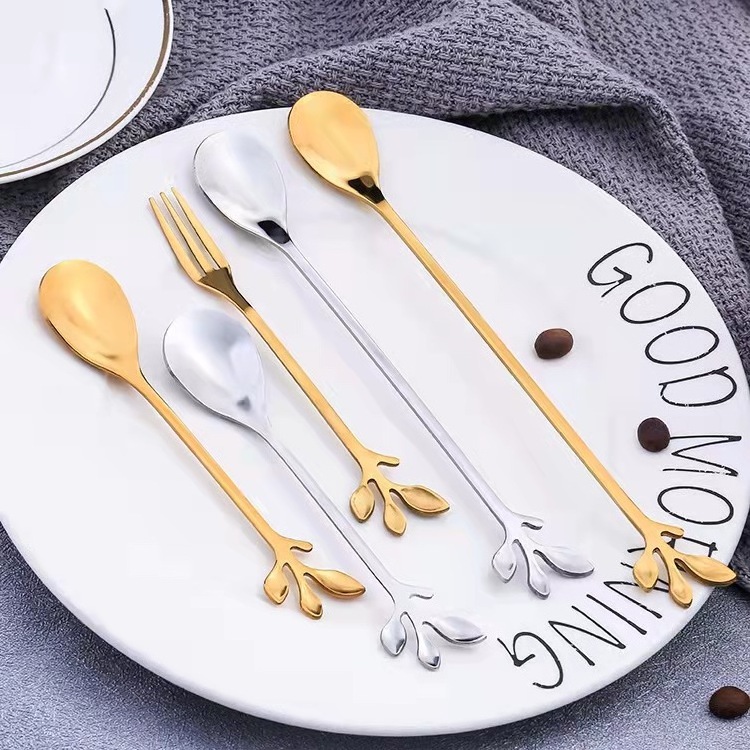 Stainless Steel Creative Leaf Golden Coffee Mixing Spoon Ice Cream Dessert Spoon Long Handle Small Stirring Teaspoon