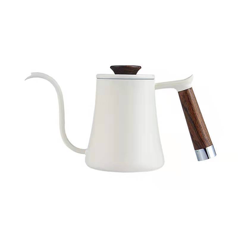 600ml Hand drip coffee kettle stainless steel tea pot with lid pour over kettle with wood handle for barista