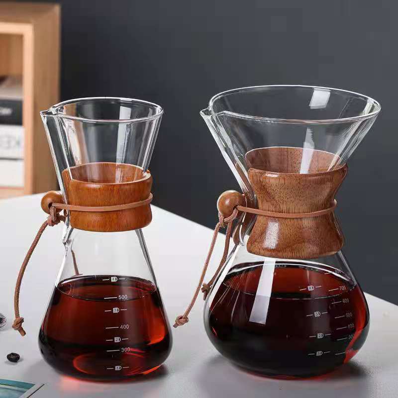 600ML Borosilicate arabic pour over glass drip coffee pot insulated sharing coffee pot with bamboo sleeve glass coffee maker