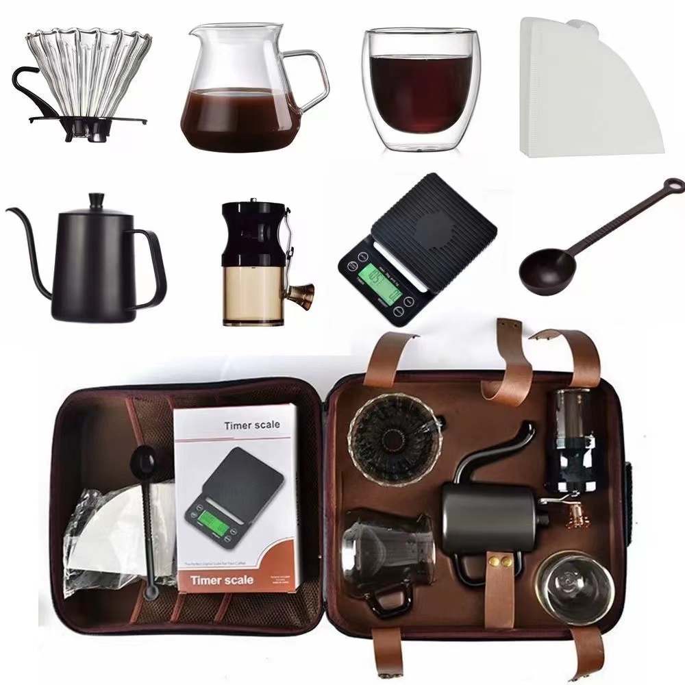 2023 popular portable outdoor drip coffee set  pour over hand brew coffee set  8 pcs per set with bag