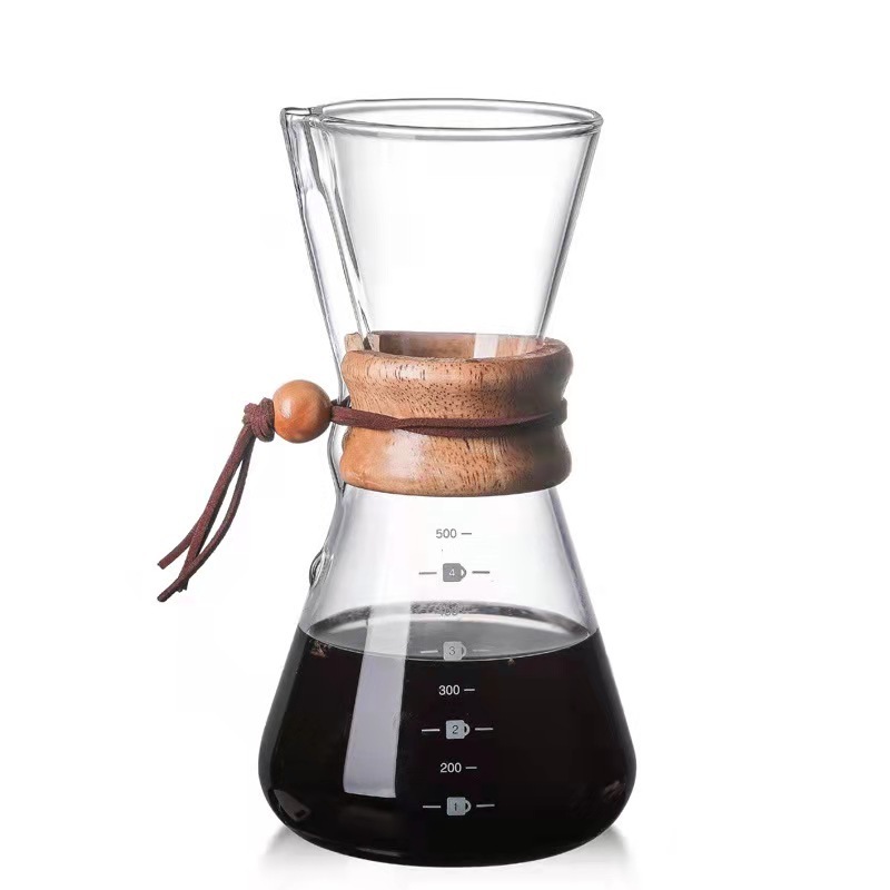 600ML Borosilicate arabic pour over glass drip coffee pot insulated sharing coffee pot with bamboo sleeve glass coffee maker