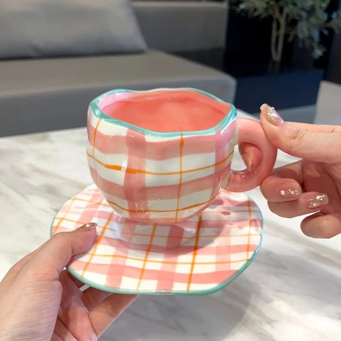 ins hand-painted ceramics irregular blue cloud ceramic cup and saucer light luxury coffee tea cup pink mug