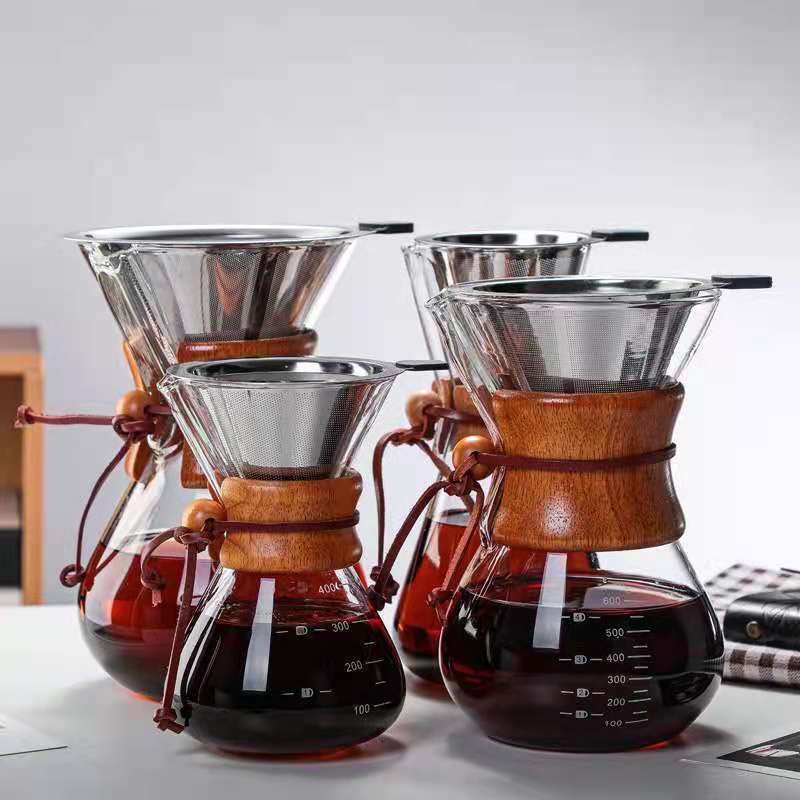 600ML Borosilicate arabic pour over glass drip coffee pot insulated sharing coffee pot with bamboo sleeve glass coffee maker