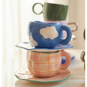 ins hand-painted ceramics irregular blue cloud ceramic cup and saucer light luxury coffee tea cup pink mug