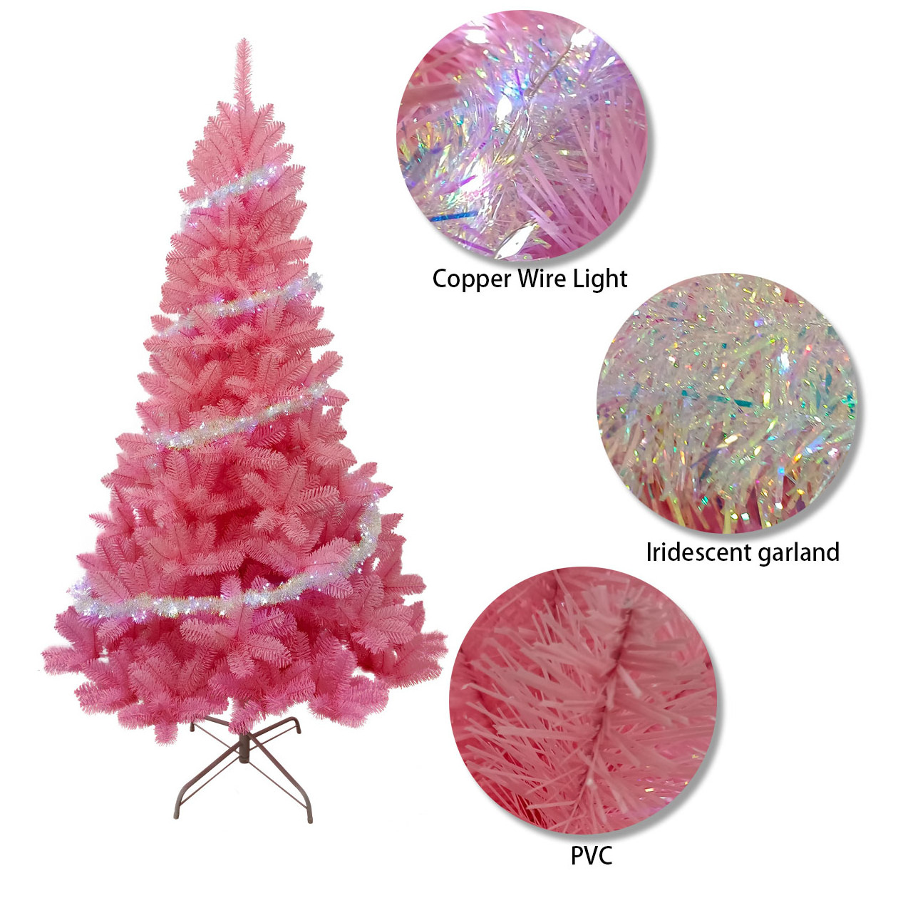 Encryption Artificial 7FT Pink Christmas Tree Decorations PVC trees With Iridescent garland Copper Wire Lights