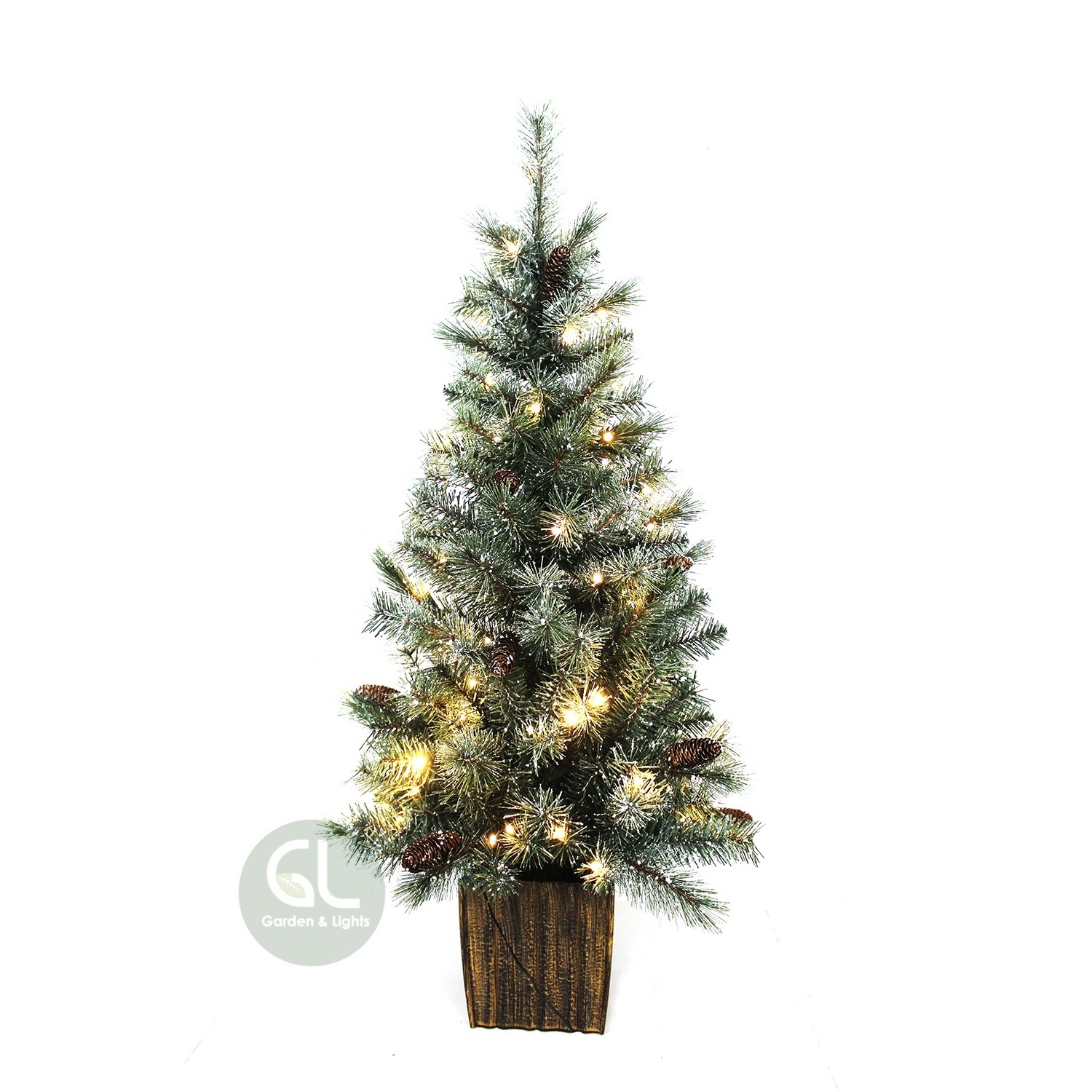 High quality lighted green potted christmas tree, snow needle pine christmas tree, flocked christmas tree