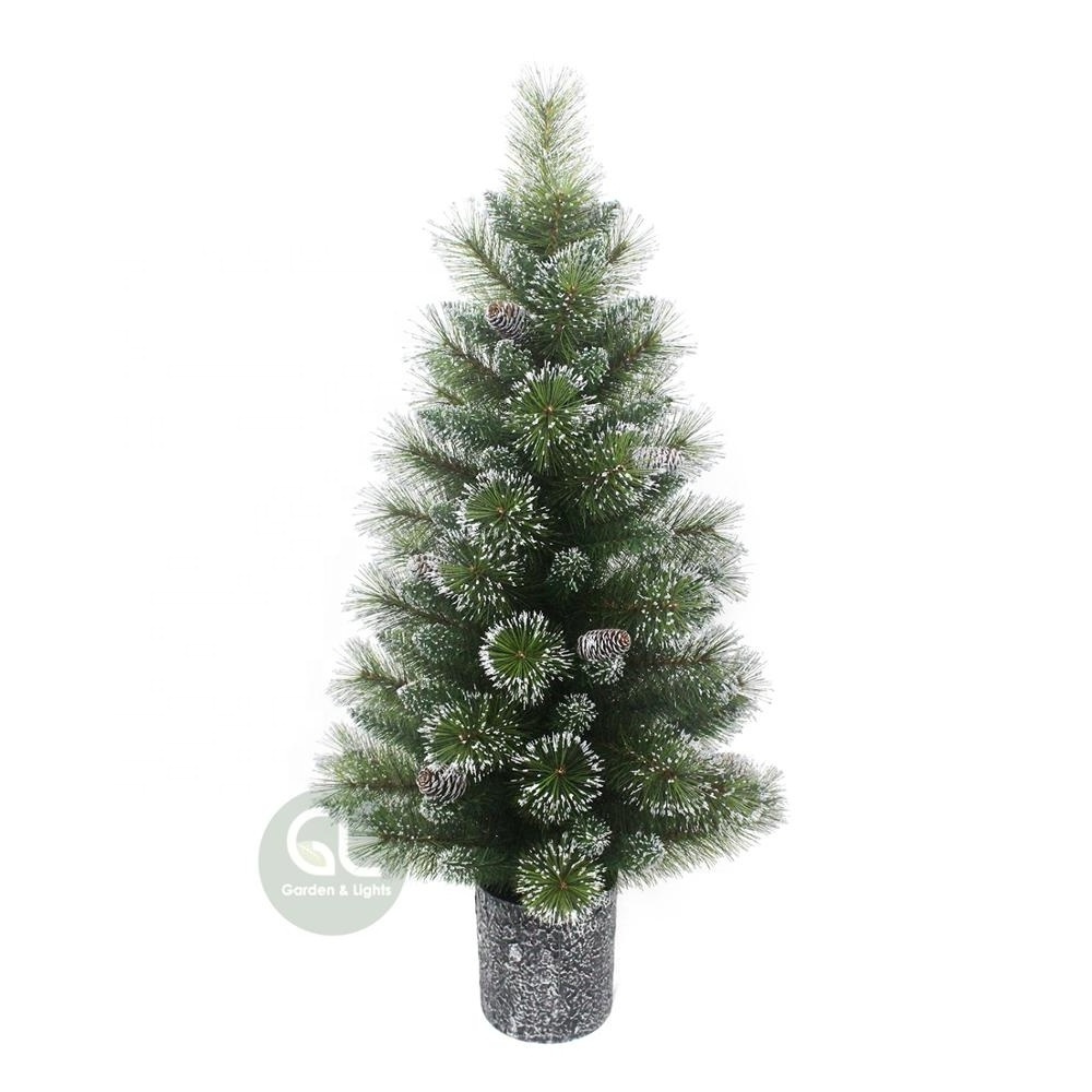 High quality lighted green potted christmas tree, snow needle pine christmas tree, flocked christmas tree