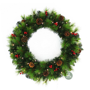 Custom light wreath garland pine needle artificial christmas wreath/garland with berry and pine cone