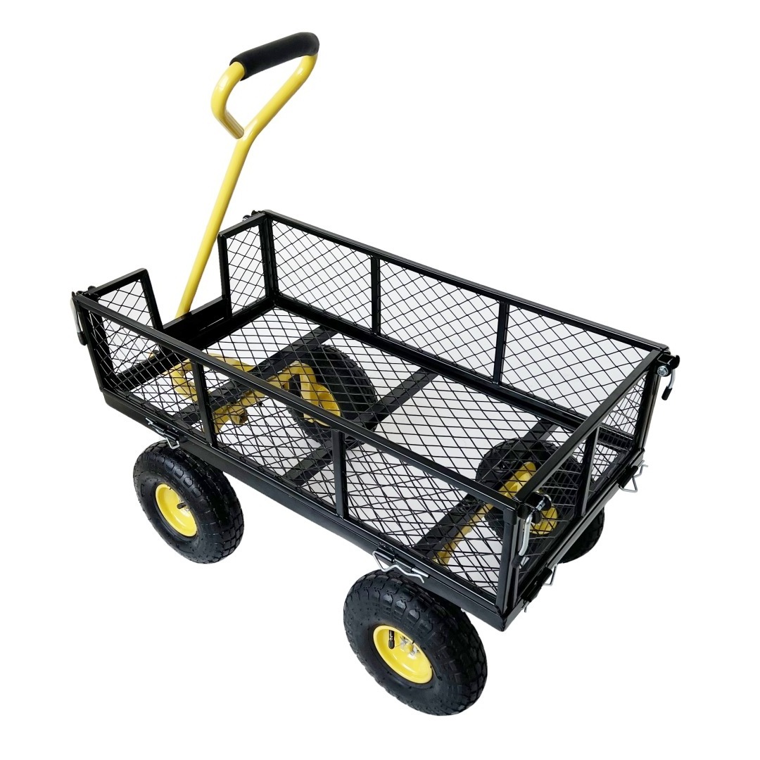 Heavy Duty Steel Mesh Yard Garden Outdoor Firewood Cart Utility Garden Tool Trolley Cart with 4 Four Wheels Removable Sides