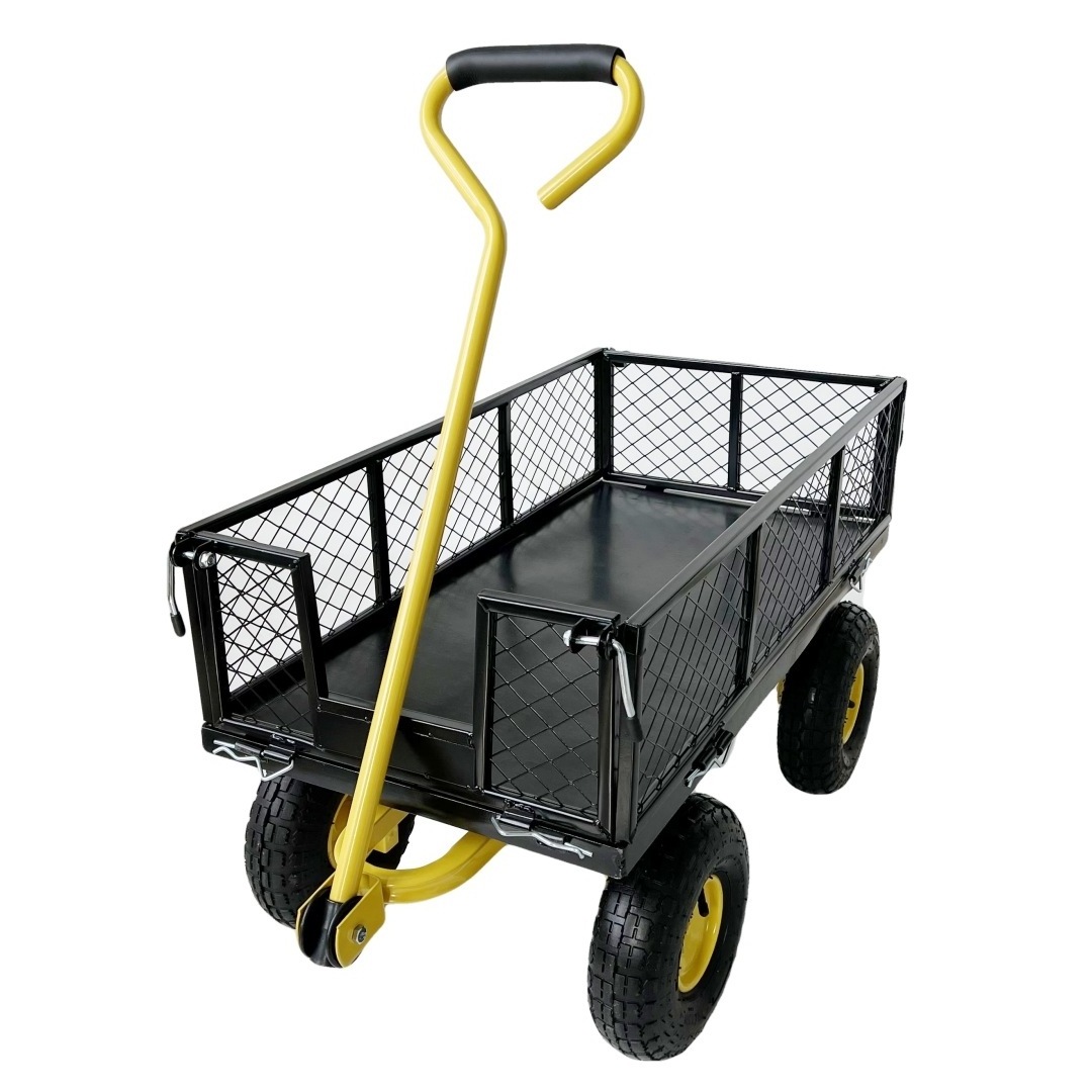 Heavy Duty Steel Mesh Yard Garden Outdoor Firewood Cart Utility Garden Tool Trolley Cart with 4 Four Wheels Removable Sides