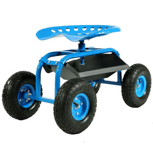 Outdoor Heavy Duty Blue Metal Tool Tray Basket Easy Garden Cart Rolling Work Seat Garden Tractor Garden Work Seat