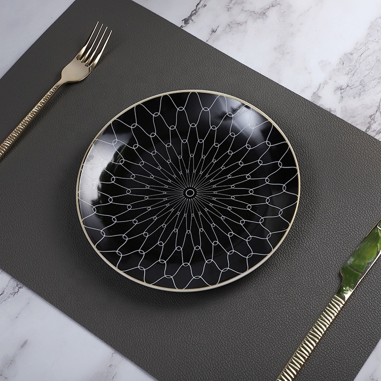 Wholesale Black Dinnerware Plate Geometric Pattern 8/10 Inch Ceramic Charger Plates for Restaurant Wedding