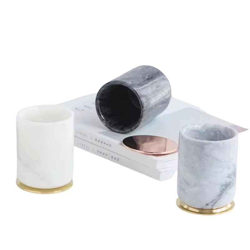 Home decor cheap price elegant cylinder shape marble canister with gold cover