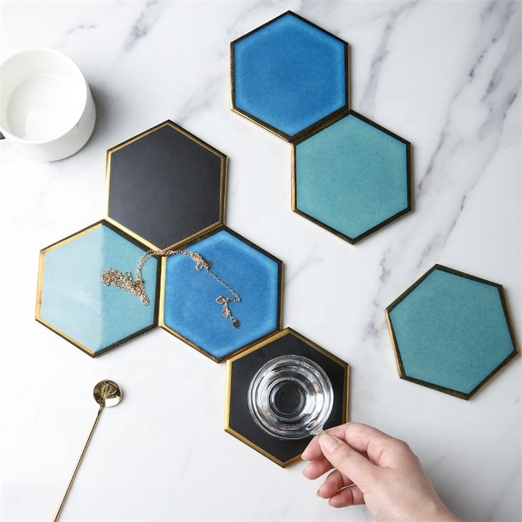 Hotel hexagon shape gold rimmed handmade bulk ceramic moroccan coasters for coffee mugs