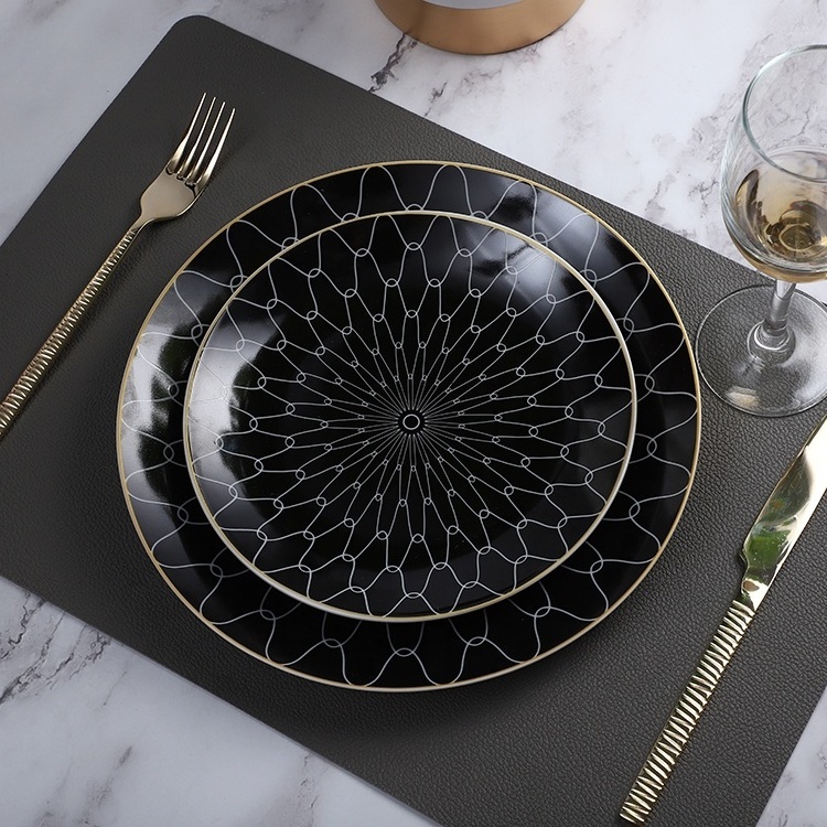 Wholesale Black Dinnerware Plate Geometric Pattern 8/10 Inch Ceramic Charger Plates for Restaurant Wedding