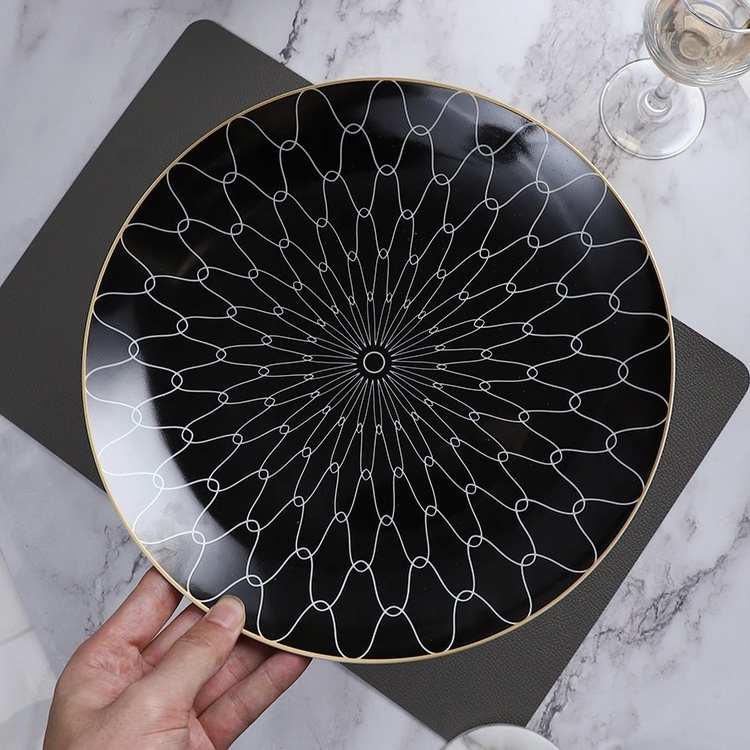 Wholesale Black Dinnerware Plate Geometric Pattern 8/10 Inch Ceramic Charger Plates for Restaurant Wedding