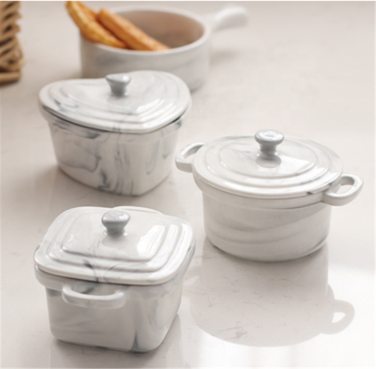 Personalized food warmer marble glazed small hot pot ceramic casserole with lid