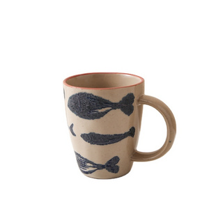 Japanese retro style home office daily used fish pattern glazed ceramic mug for coffee tea