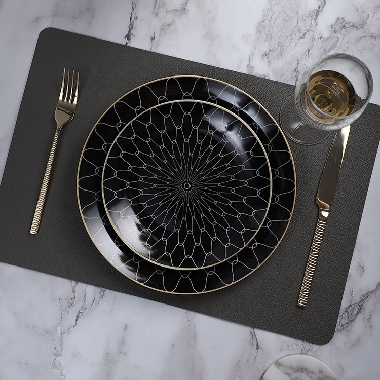 Wholesale Black Dinnerware Plate Geometric Pattern 8/10 Inch Ceramic Charger Plates for Restaurant Wedding