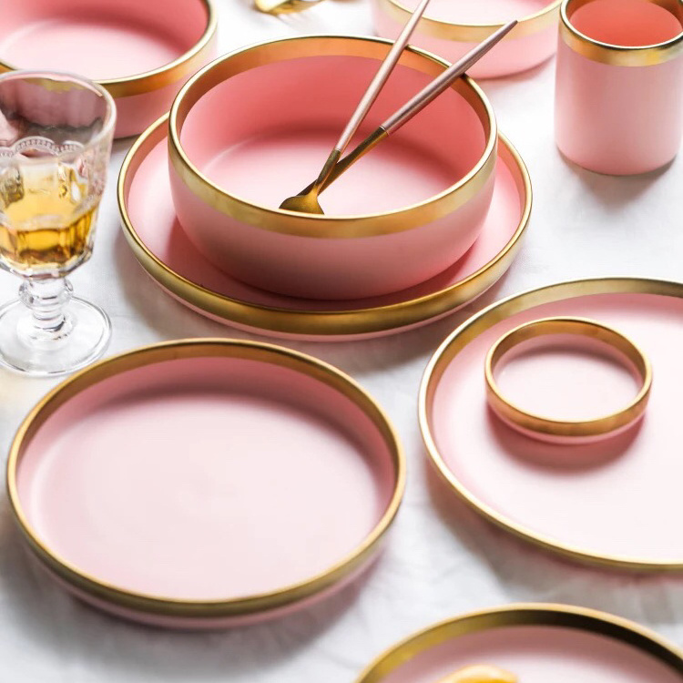 Wedding dinnerware pink color cheap bulk gold rim airline plate porcelain custom printed dinner plates for wedding