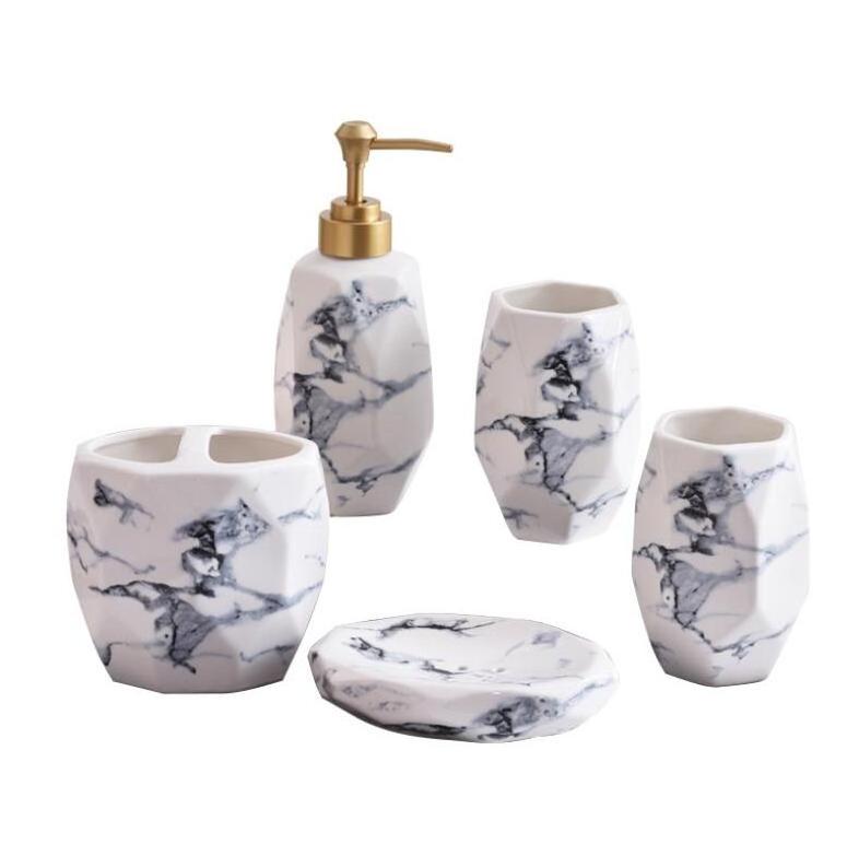 High quality 5 pcs funny bathroom sets royal white marble bathroom accessory set for hotel