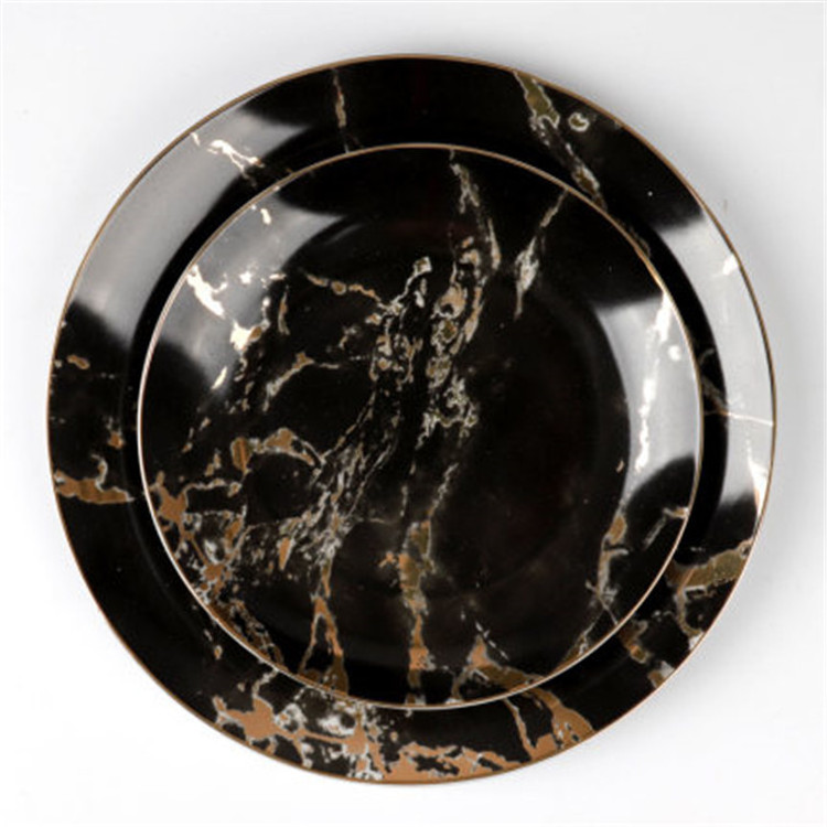 Unique design fancy marble black pattern bulk round serving plates ceramic dinner plate for food catering