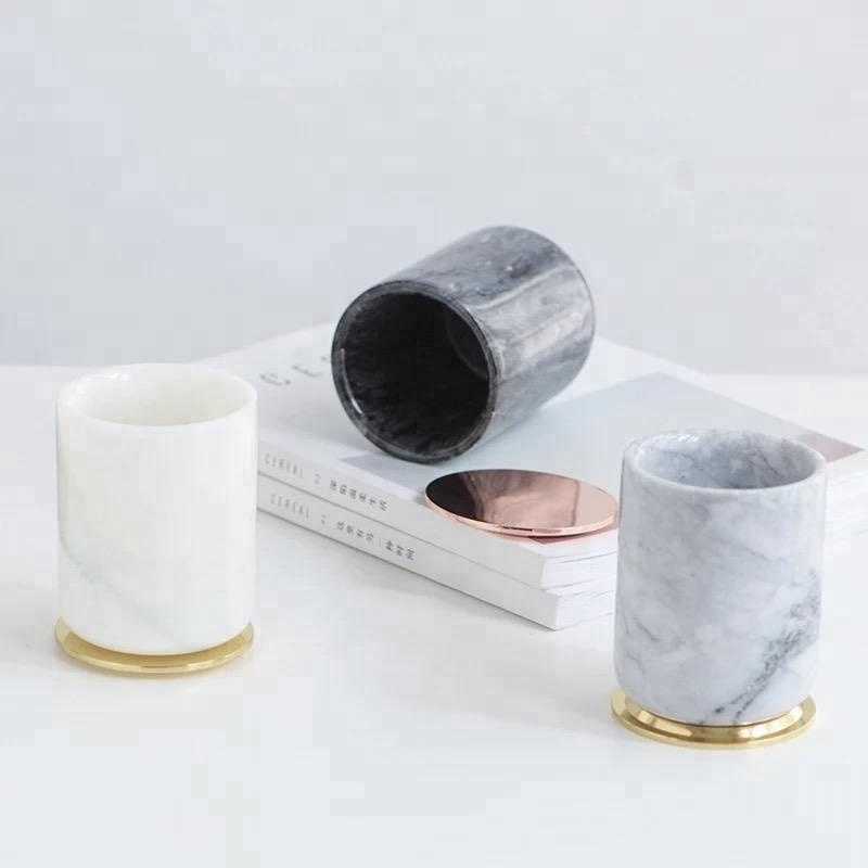 Home decor cheap price elegant cylinder shape marble canister with gold cover