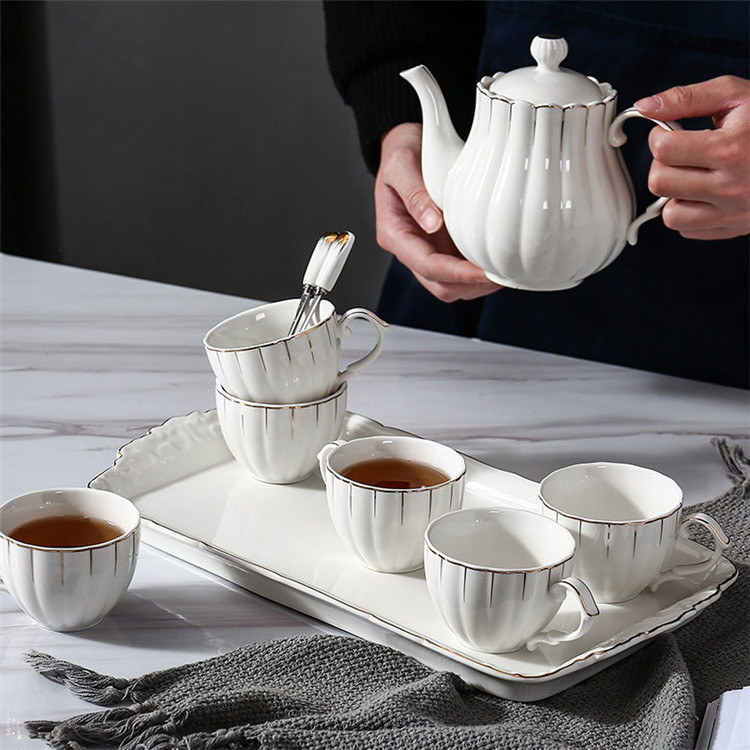 Luxury gold rim porcelain pure white ceramic coffee cup 6pcs set turkish tea pot set