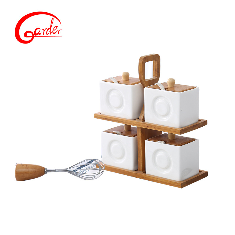 Embossed square shape spice storage with bamboo lids / ceramic jar