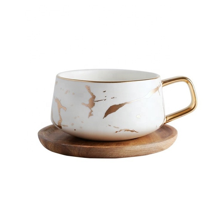 Hot selling bamboo saucer white gold marble coffee cup and saucer ceramic set