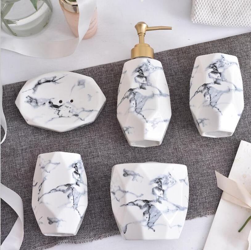 High quality 5 pcs funny bathroom sets royal white marble bathroom accessory set for hotel