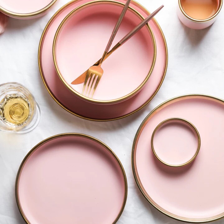 Wedding dinnerware pink color cheap bulk gold rim airline plate porcelain custom printed dinner plates for wedding